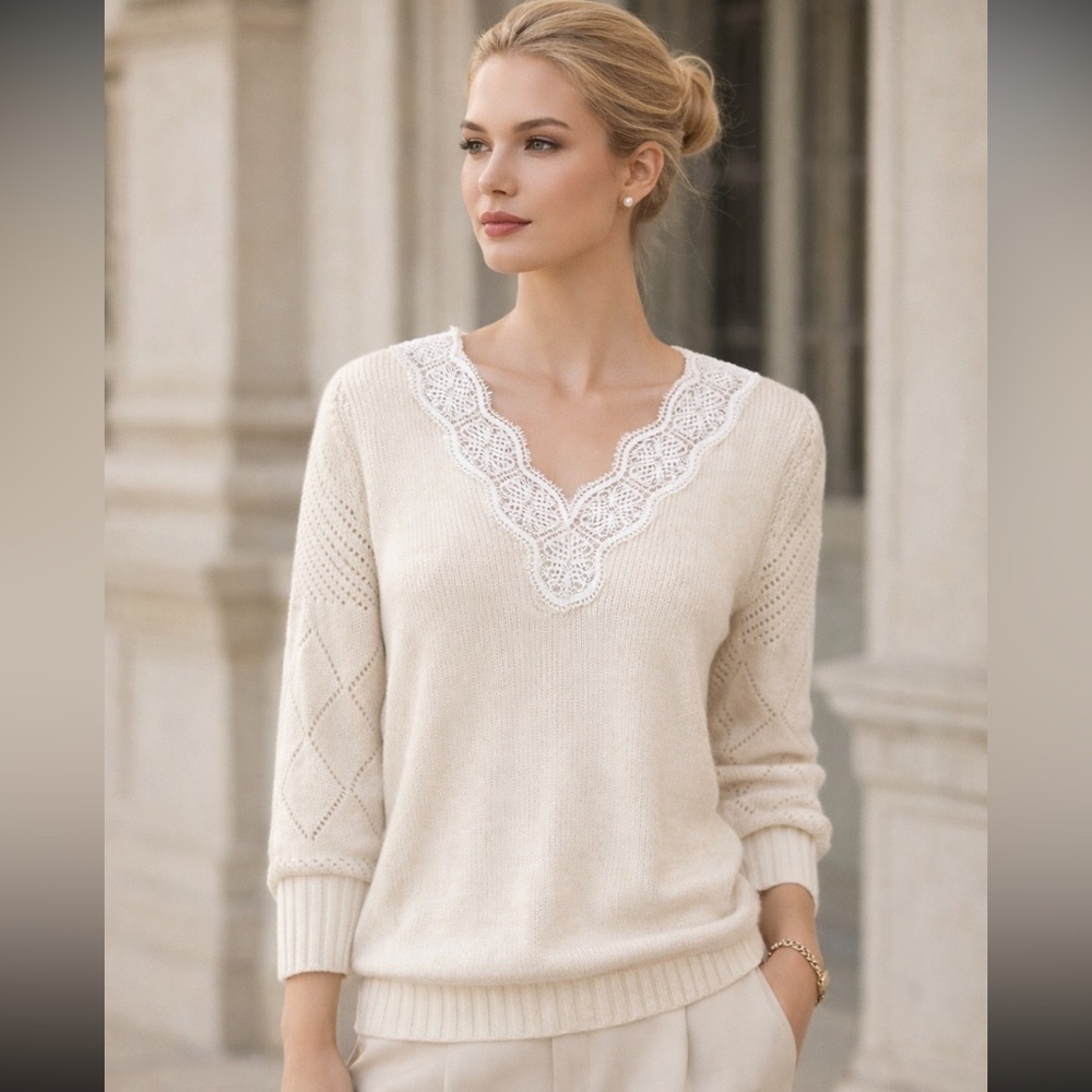 New! Made with Love Elegant Cream V-Neck Sweater 51442